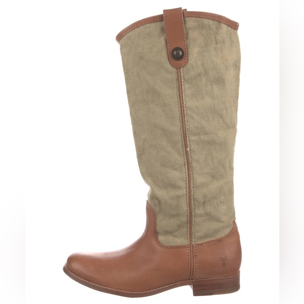 Frye Melissa Button Western Brown Leather Beige Canvas Tall Riding Boots Sz 7.5